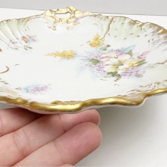 Vintage CT Carl Tielsch Germany Purple Yellow Floral Gilt Porcelain Shallow Bowl - Picture 12 of 15